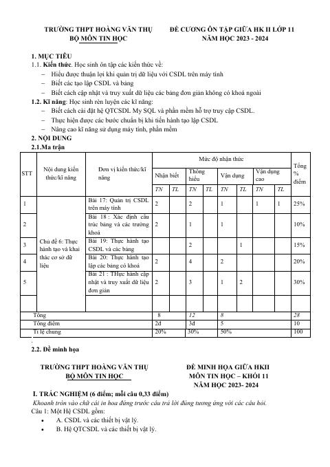 Đề cương ôn tập Giữa kì 2 Tin học 11 năm 2023–2024 trường THPT Hoàng Văn Thụ (Hà Nội)